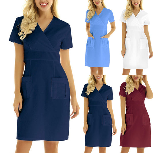 Women's Short-sleeved V-neck Nurses' Uniform Nurse Dress - Supreme scrub Boutique